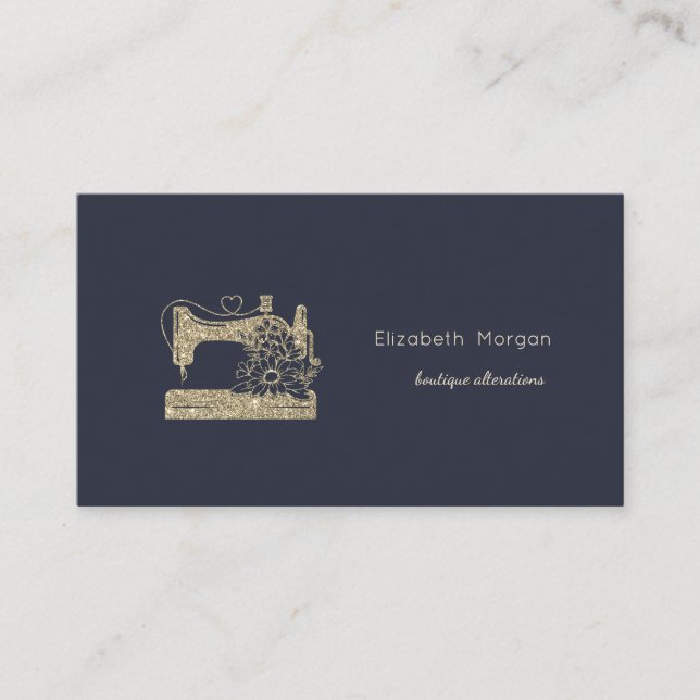 Gold Glitter Sewing Machine Seamstress or Tailor Business Card (Front)