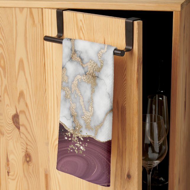 Gold Glitter Shiny White Marble Burgundy Tea Towel (Thirds Fold)