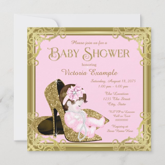Gold Glitter Shoe Pink and Gold Baby Shower Invitation (Front)