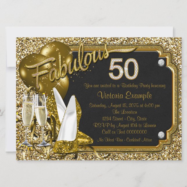Gold Glitter Shoes Fabulous 50 Birthday Party Invitation (Front)