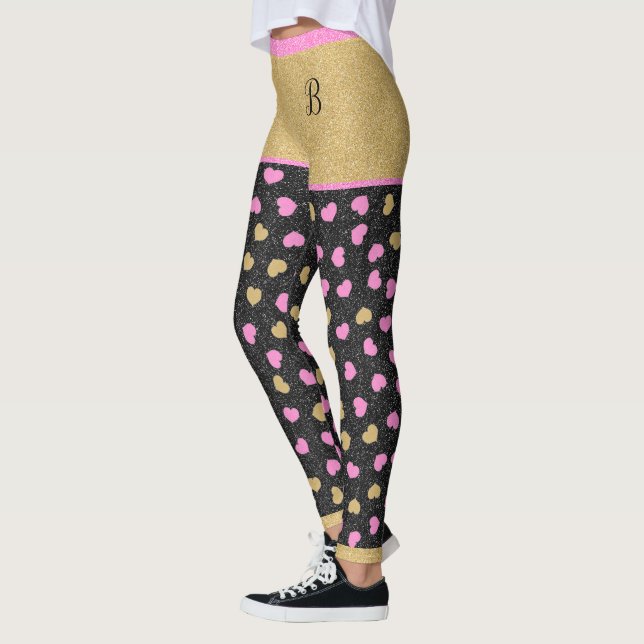 Gold Glitter Shorts Pink And Gold Hearts Monogram Leggings (Left)