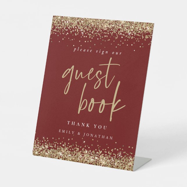 Gold Glitter Sign Guest Book Burgundy Wedding  (Front)