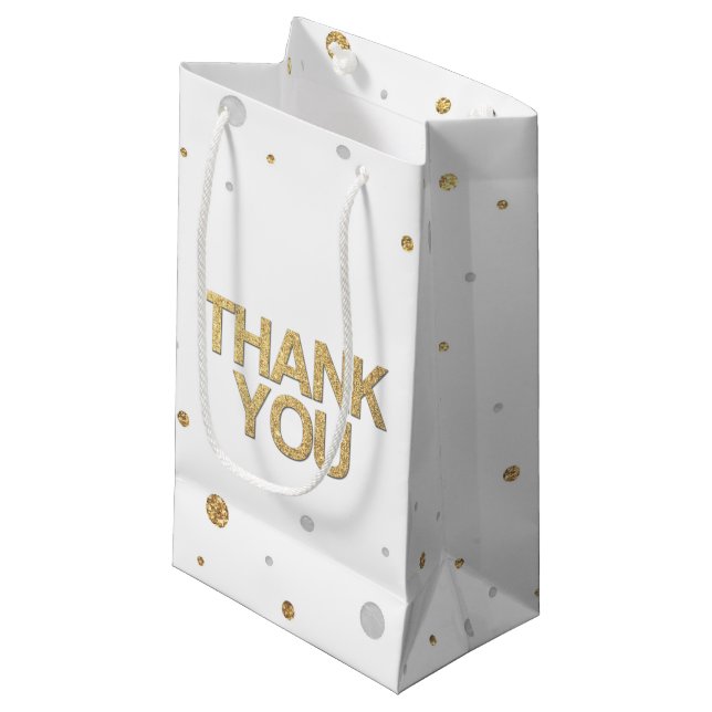 Gold Glitter Silver Foil Print Confetti Thank You Small Gift Bag (Front Angled)