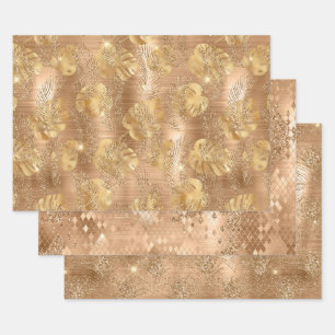 Gold Glitter Snake Skin, Leaves & Peacock Feathers Wrapping Paper Sheet