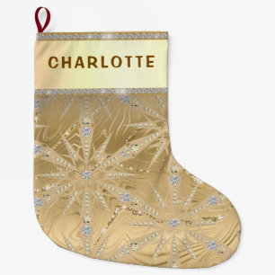 Gold Glitter Snowflake & Diamond Custom Name Large Christmas Stocking