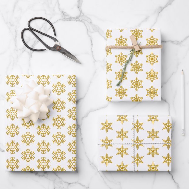 Gold glitter snowflake pattern christmas holiday wrapping paper sheet (Front)