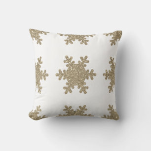 Gold Glitter Snowflake Pattern White Christmas Cushion