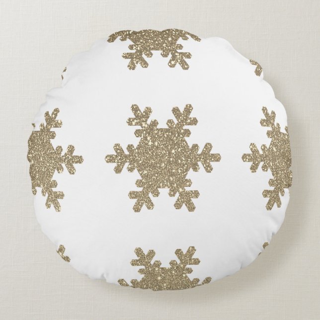 Gold Glitter Snowflake Pattern White Christmas Round Cushion (Front)