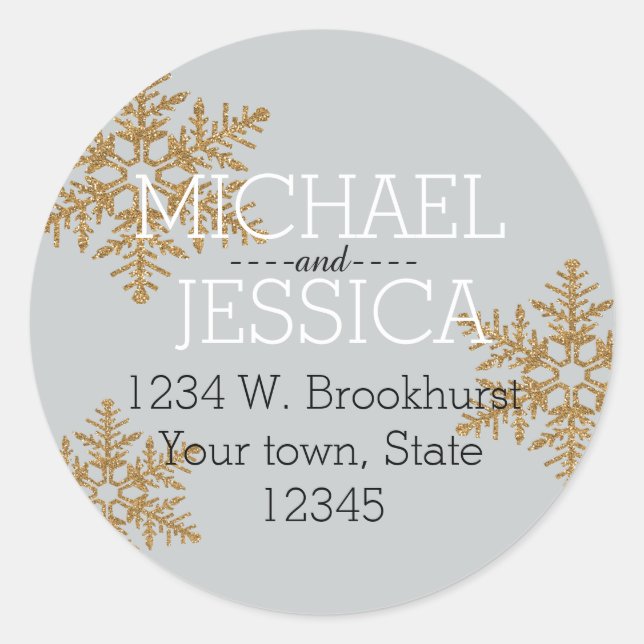 Gold Glitter Snowflake Personalised address Classic Round Sticker (Front)