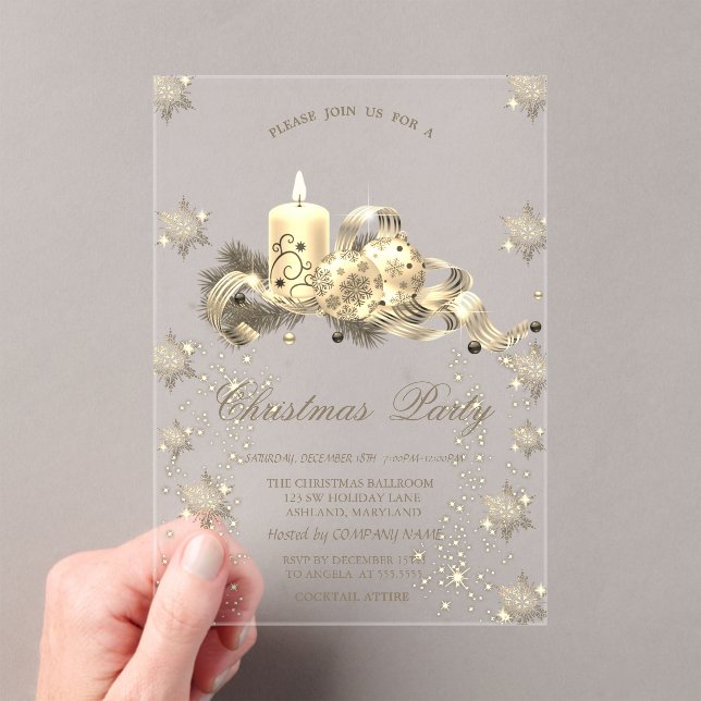 Gold Glitter Snowflakes Candle Balls Christmas  Acrylic Invitations (Insitu (Handheld))
