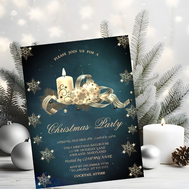Gold Glitter Snowflakes Candle Balls Christmas  Invitation (Creator Uploaded)