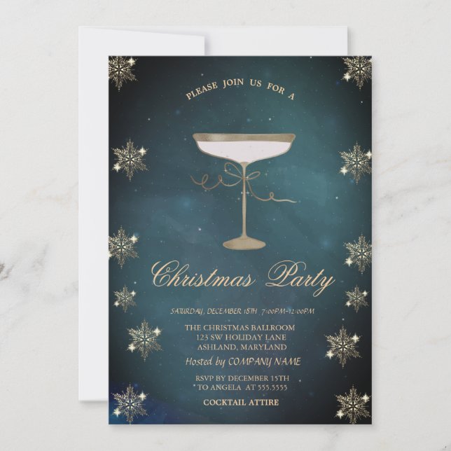 Gold Glitter Snowflakes Champagne Glass Christmas  Invitation (Front)