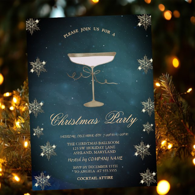 Gold Glitter Snowflakes Champagne Glass Christmas  Invitation (Creator Uploaded)