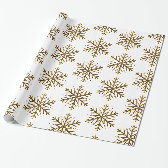 Gold Glitter Snowflakes Christmas Gift Wrap (Unrolled)