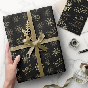 Gold Glitter Snowflakes Happy Holidays Name Black Wrapping Paper
