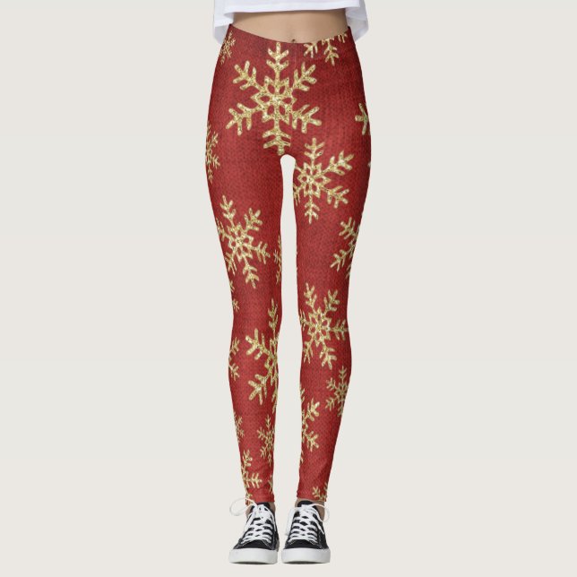 Gold Glitter Snowflakes Leggings (Front)