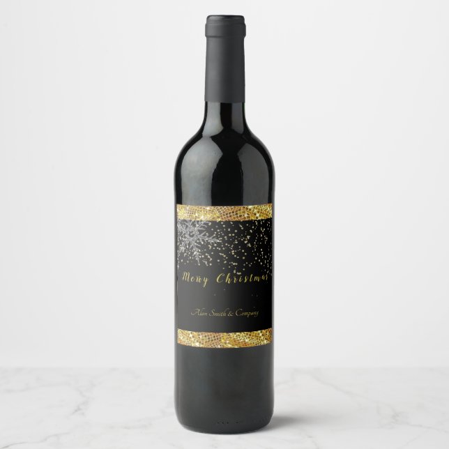 Gold Glitter, Snowflakes, Merry Christmas, Custom Wine Label (Front)