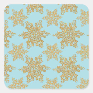 Gold Glitter Snowflakes on Blue Square Sticker