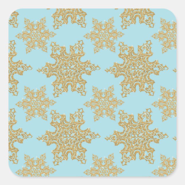 Gold Glitter Snowflakes on Blue Square Sticker (Front)