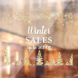 gold glitter snowflakes pine tree winter sales window cling