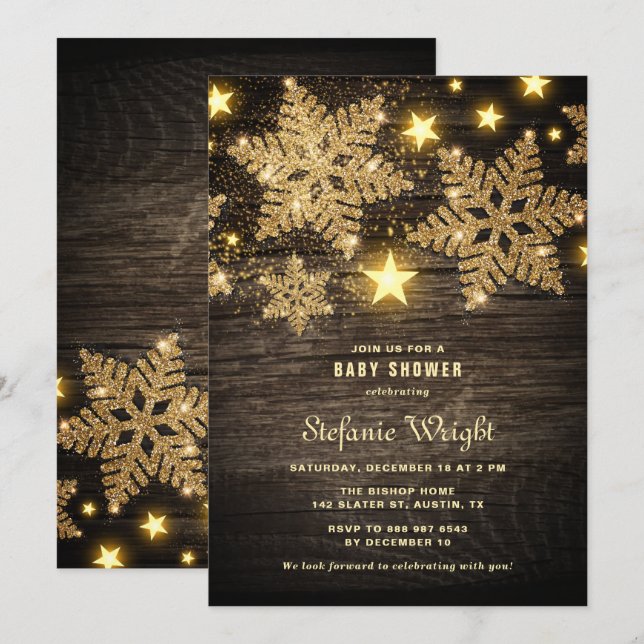 Gold Glitter Snowflakes Rustic Baby Shower Invitation (Front/Back)