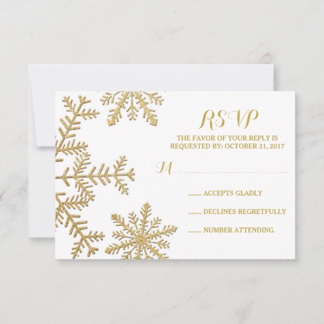 Gold Glitter Snowflakes Winter Wedding RSVP (Front)