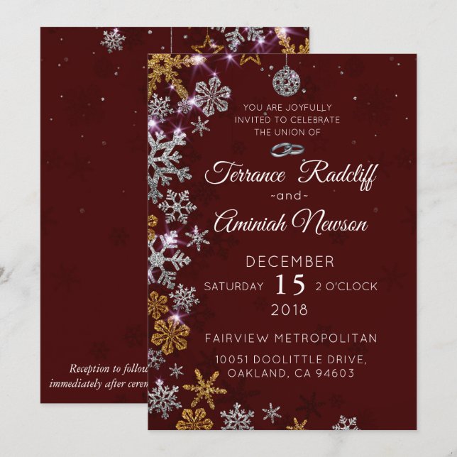 Gold Glitter Snowflakes with Holiday Ornaments Invitation (Front/Back)