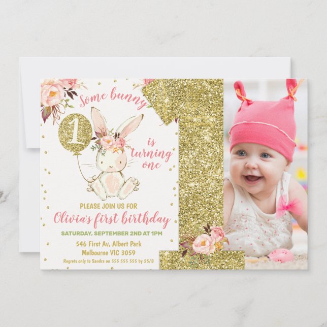 Gold Glitter Some Bunny 1st Birthday Invitation (Front)
