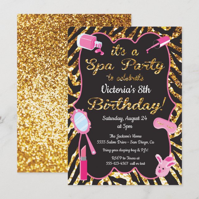 Gold glitter Spa Birthday party Invitations (Front/Back)