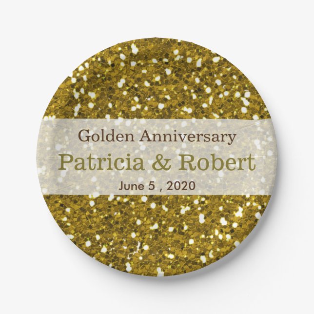 Gold Glitter Sparkle 50th Wedding Anniversary Paper Plate (Front)