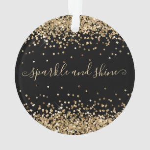 Gold Glitter Sparkle and Shine Happy Holiday Black Ornament