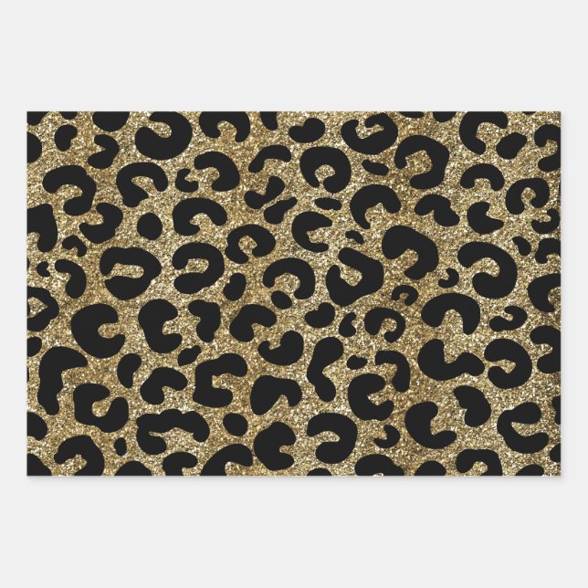 Gold glitter sparkle &black leopard print pattern wrapping paper sheet (Front)