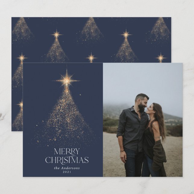 Gold glitter sparkle blue modern Christmas photo Holiday Card (Front/Back)