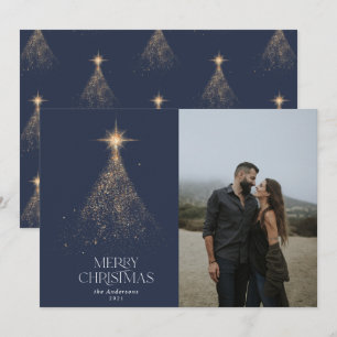 Gold glitter sparkle blue modern Christmas photo Holiday Card