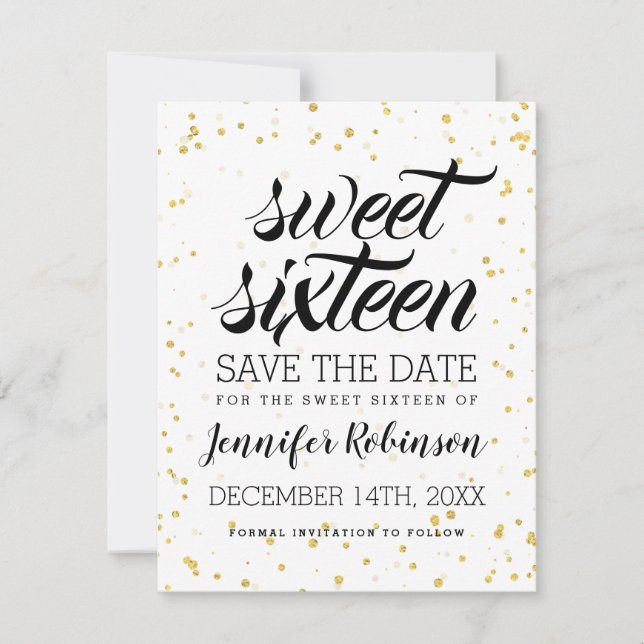 Gold Glitter Sparkle Confetti Sweet 16 Save Date Save The Date (Front)