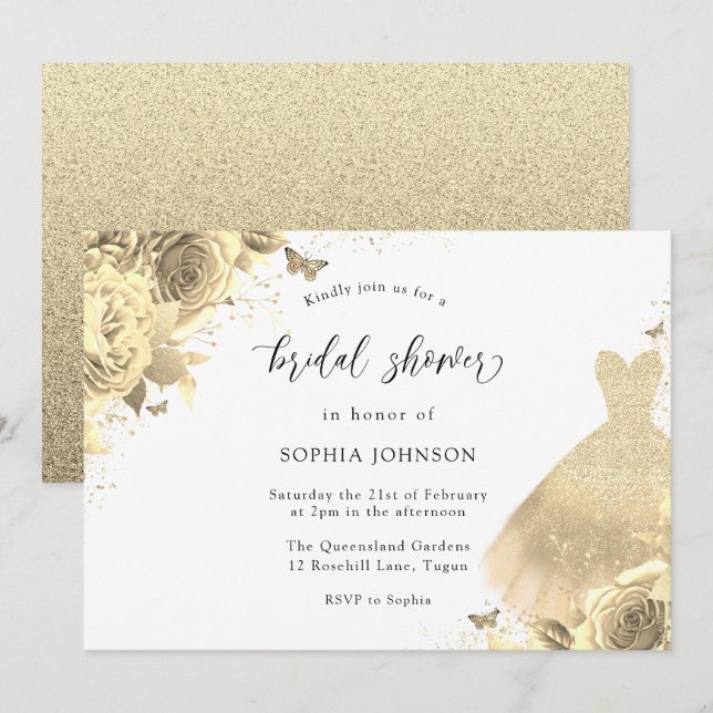Gold Glitter Sparkle Dress Floral Bridal Shower Invitation (Front/Back)