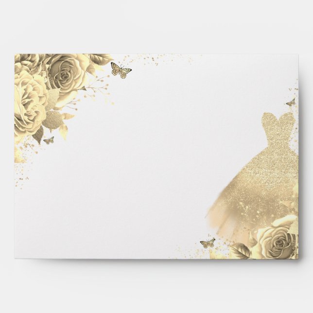 Gold Glitter Sparkle Dress Floral Invitation Envelope (Front)