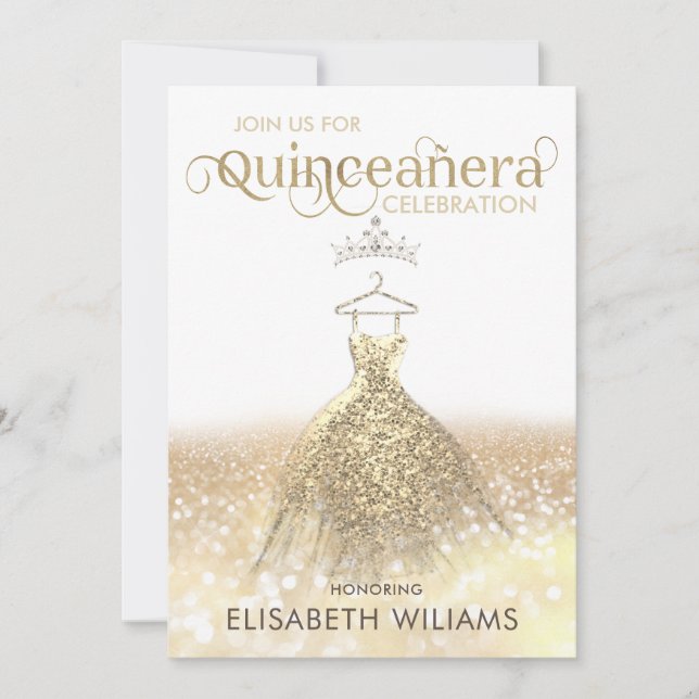 Gold glitter sparkle dress ombre tiara Quinceañera Invitation (Front)