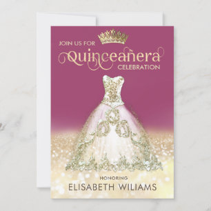 Gold glitter sparkle dress ombre tiara Quinceañera Invitation