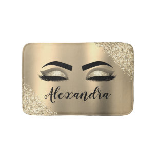 Gold Glitter Sparkle Eyelashes Monogram Name Bath Mat