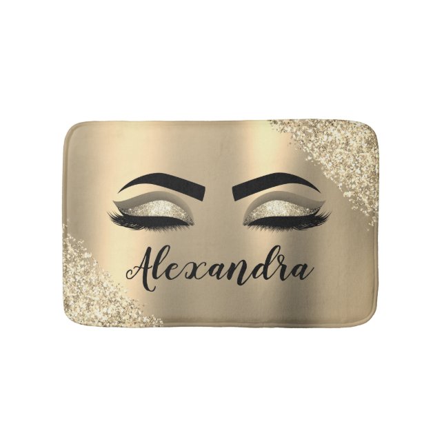 Gold Glitter Sparkle Eyelashes Monogram Name Bath Mat (Front)