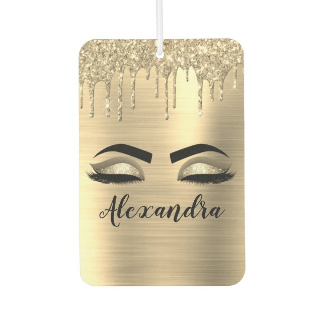 Gold Glitter Sparkle Eyelashes Monogram Name Car Air Freshener (Front)