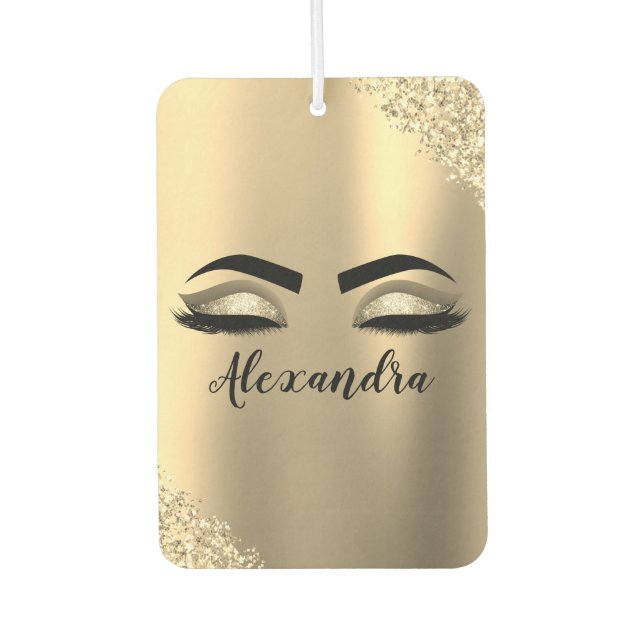 Gold Glitter Sparkle Eyelashes Monogram Name Car Air Freshener (Front)