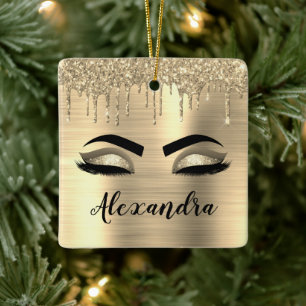 Gold Glitter Sparkle Eyelashes Monogram Name Ceramic Ornament