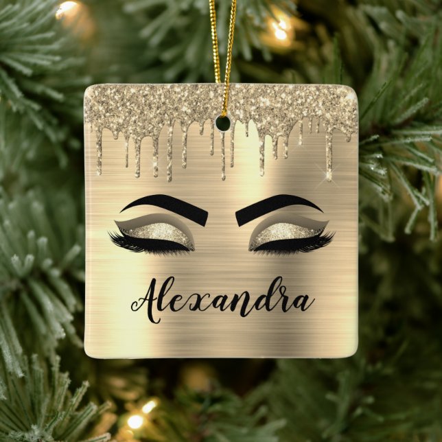 Gold Glitter Sparkle Eyelashes Monogram Name Ceramic Ornament (Tree)