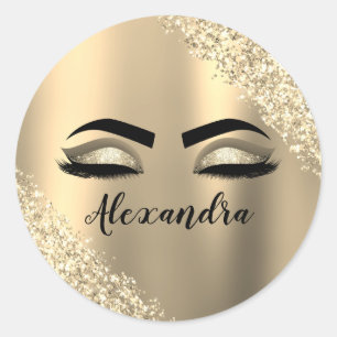 Gold Glitter Sparkle Eyelashes Monogram Name Classic Round Sticker