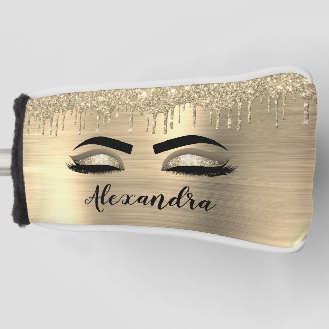 Gold Glitter Sparkle Eyelashes Monogram Name Golf Head Cover (Front)