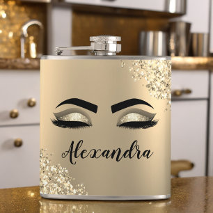 Gold Glitter Sparkle Eyelashes Monogram Name Hip Flask