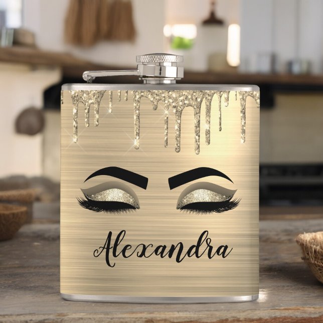 Gold Glitter Sparkle Eyelashes Monogram Name Hip Flask (Creator Uploaded)
