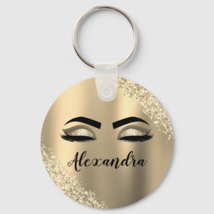 Gold Glitter Sparkle Eyelashes Monogram Name Key Ring